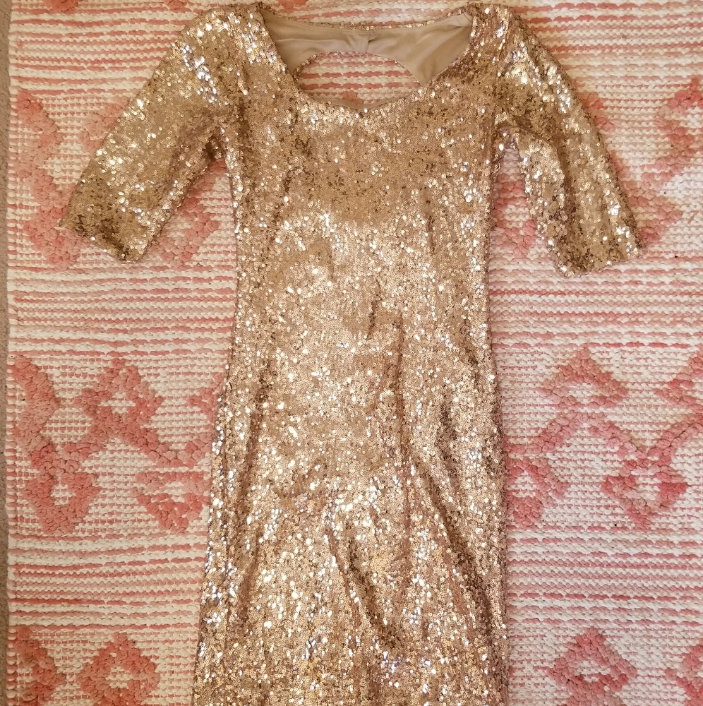Form fitting rose gold sequined sleeved dress